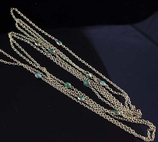 An Edwardian 15ct gold and turquoise set guard chain, 67in.